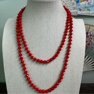 Red Glass Crystal Necklace Flapper Beads Opera Deco Revival 41 Inch